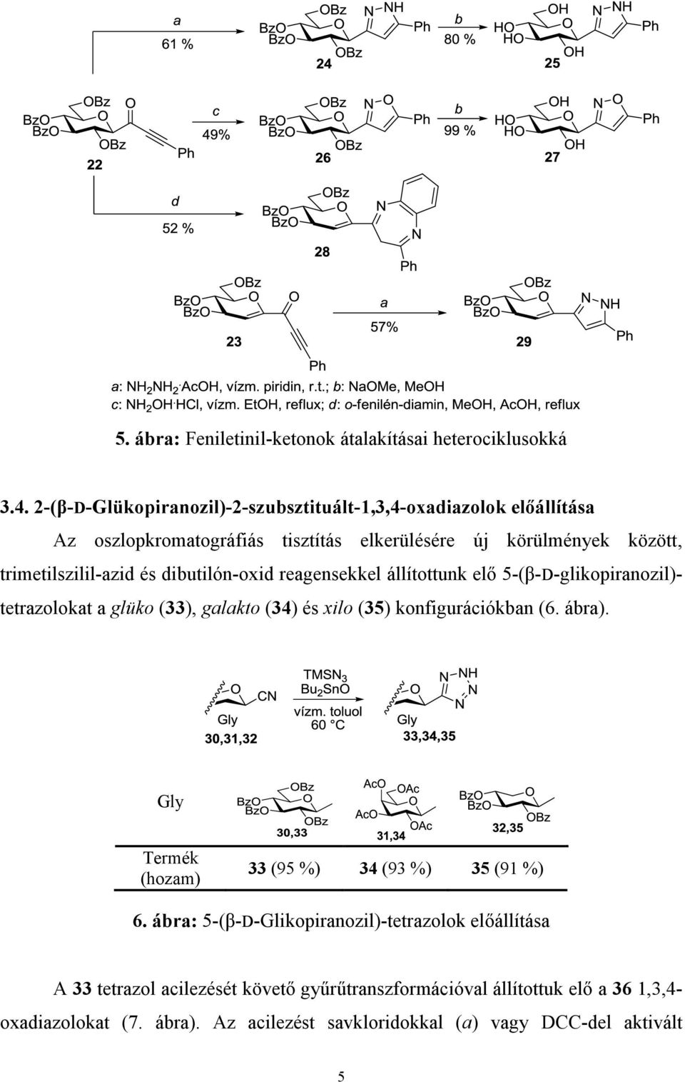 és dibutilón-oxid reagensekkel állítottunk elő 5-(β-D-glikopiranozil)- tetrazolokat a glüko (33), galakto (34) és xilo (35) konfigurációkban (6. ábra).