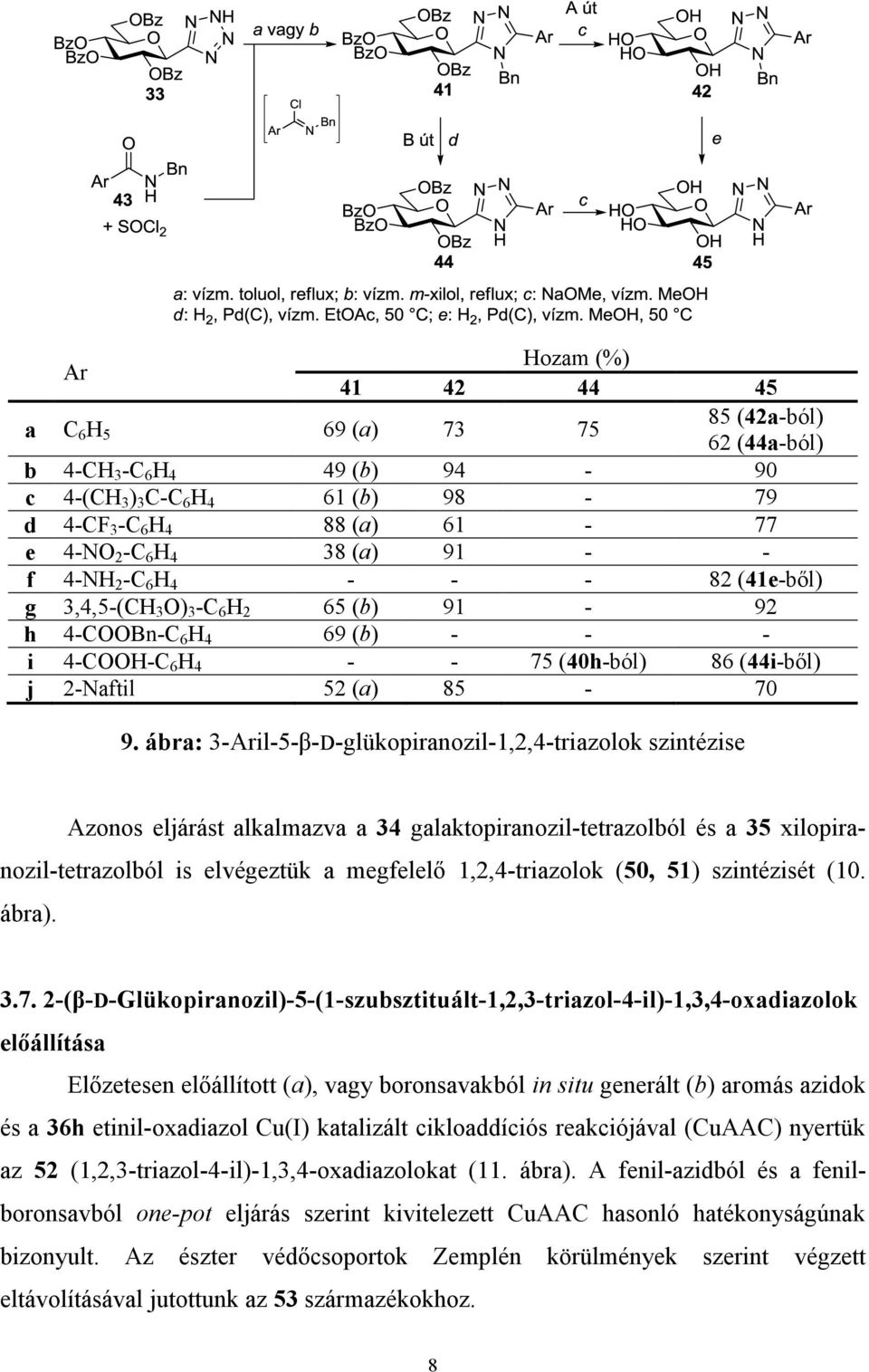 ábra: 3-Aril-5-β-D-glükopiranozil-1,2,4-triazolok szintézise Azonos eljárást alkalmazva a 34 galaktopiranozil-tetrazolból és a 35 xilopiranozil-tetrazolból is elvégeztük a megfelelő 1,2,4-triazolok