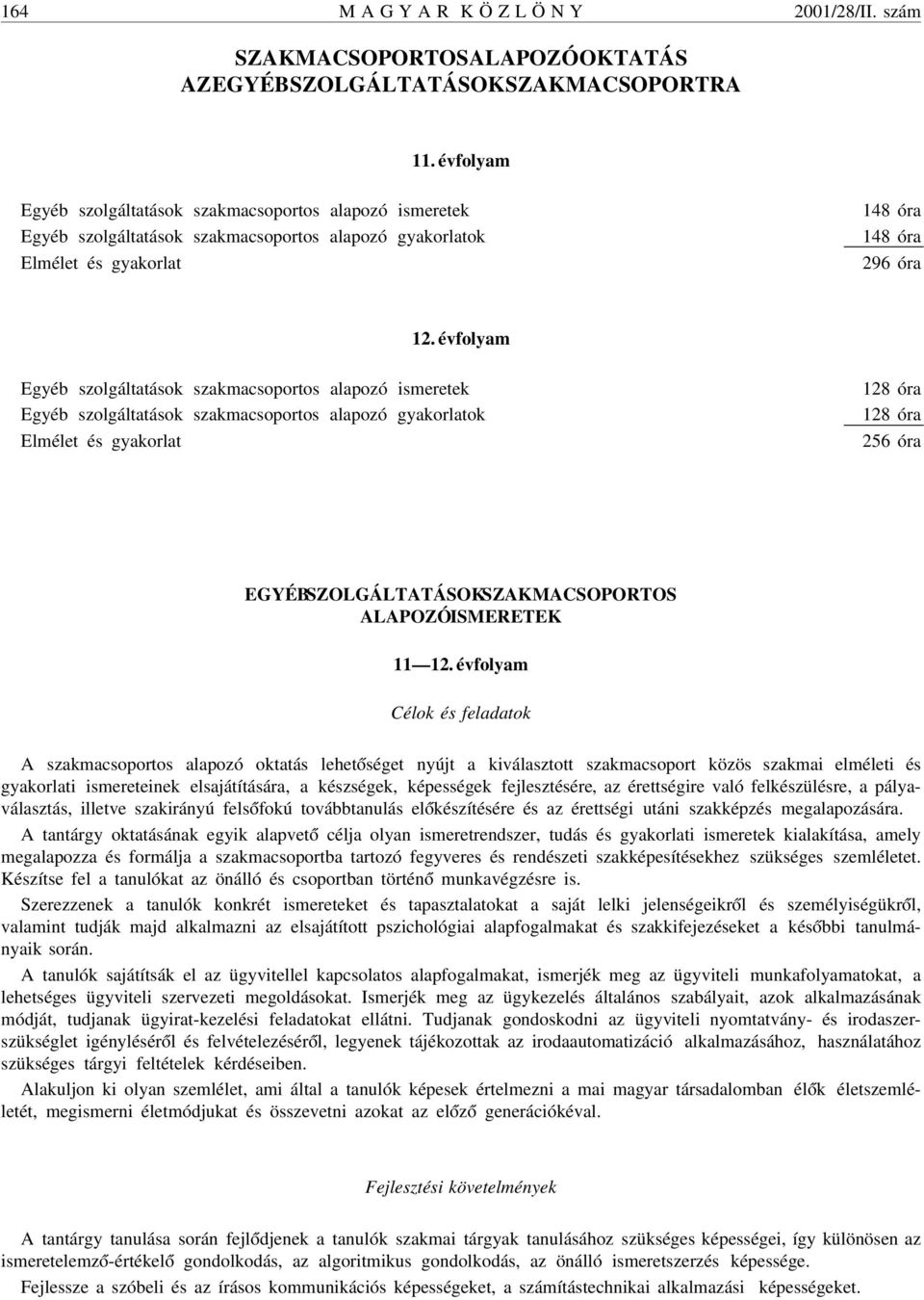 évfolyam Egyéb szolgáltatások szakmacsoportos alapozó ismeretek Egyéb szolgáltatások szakmacsoportos alapozó gyakorlatok Elmélet és gyakorlat 128 óra 128 óra 256 óra EGYÉB SZOLGÁLTATÁSOK