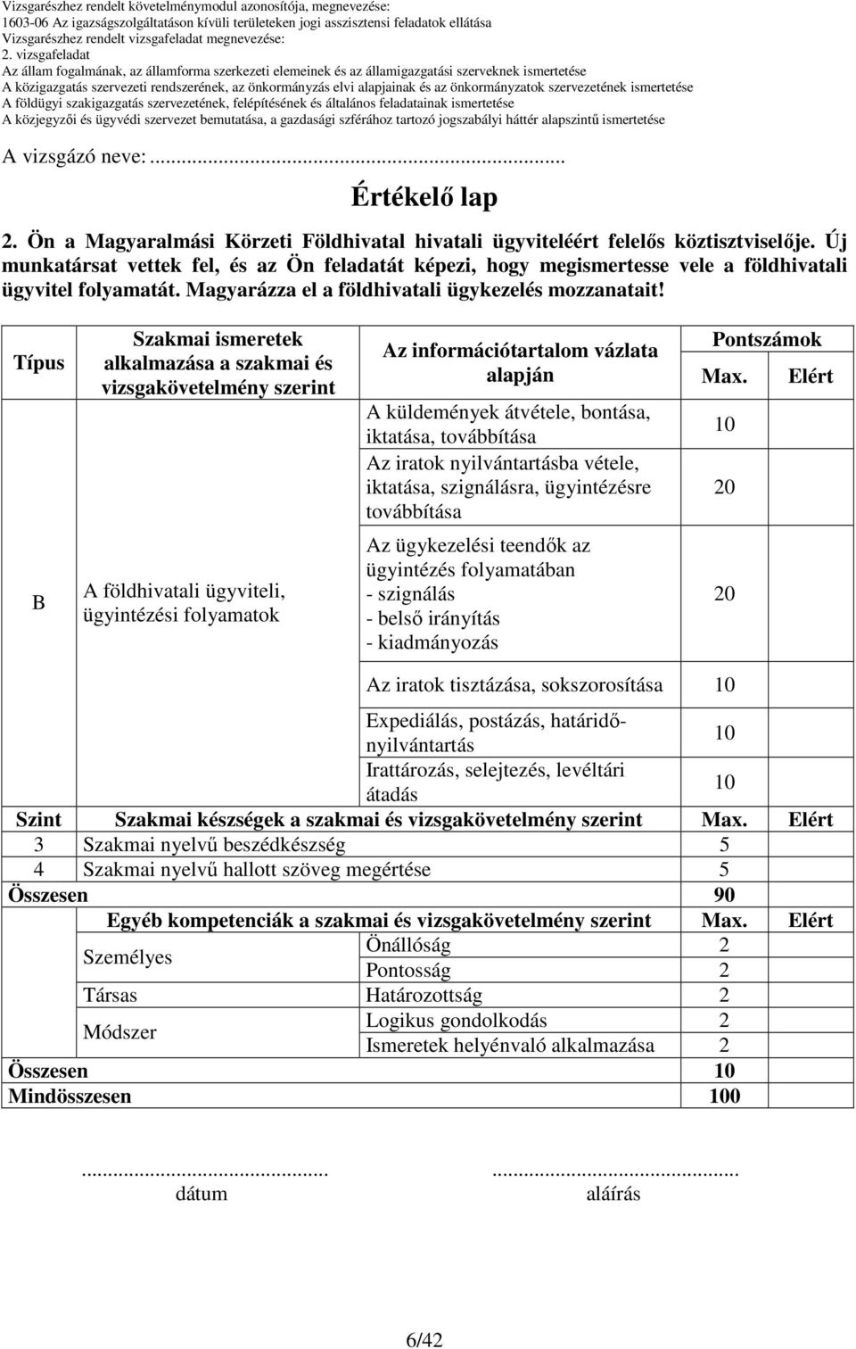 Típus B Szakmai ismeretek alkalmazása a szakmai és vizsgakövetelmény szerint A földhivatali ügyviteli, ügyintézési folyamatok Pontszámok Az információtartalom vázlata alapján Max.