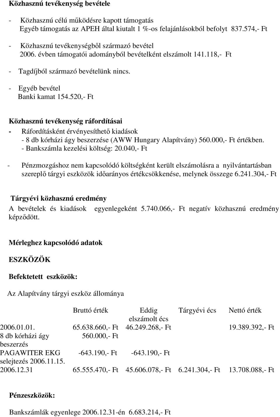 520,- Ft Közhasznú tevékenység ráfordításai - Ráfordításként érvényesíthetı kiadások - 8 db kórházi ágy beszerzése (AWW Hungary Alapítvány) 560.000,- Ft értékben. - Bankszámla kezelési költség: 20.