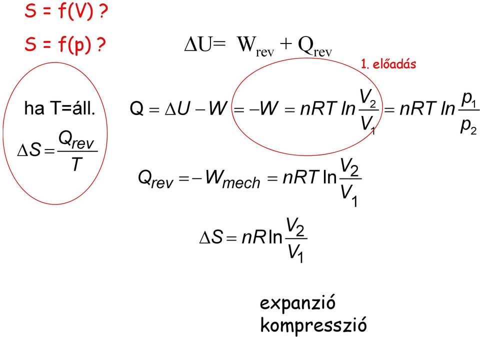 Q =ΔU W = W = nr ln = nr ln V Q ΔS S = rev V
