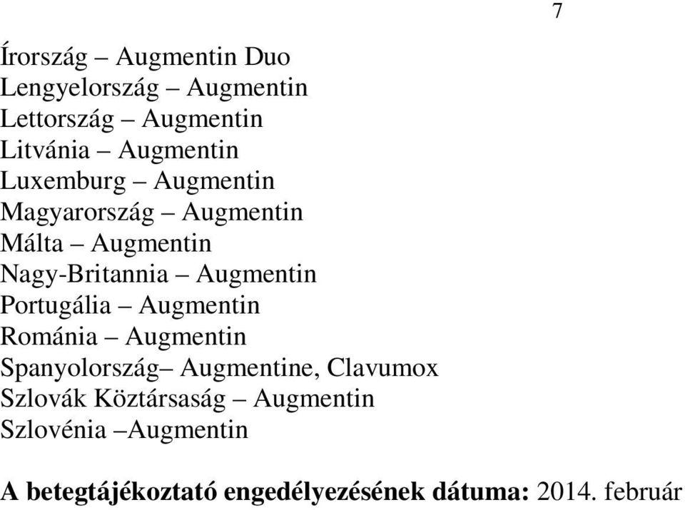 Portugália Augmentin Románia Augmentin Spanyolország Augmentine, Clavumox Szlovák