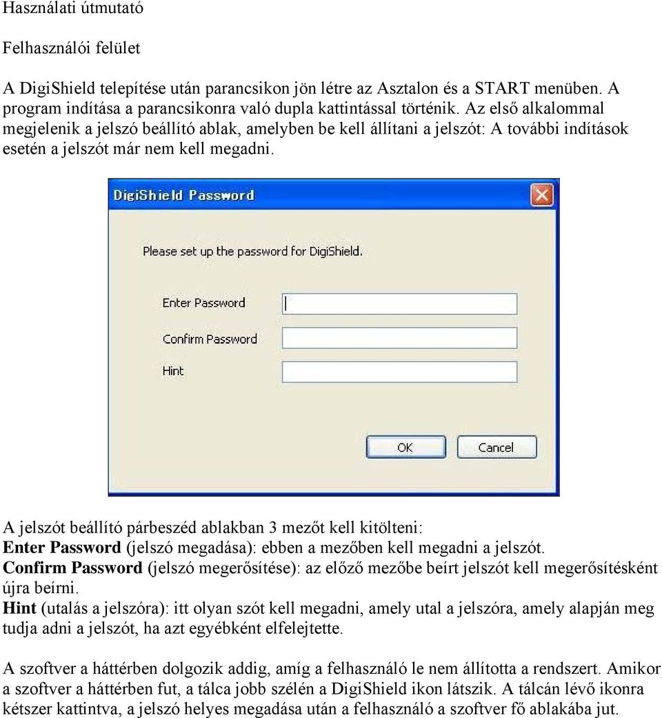 A jelszót beállító párbeszéd ablakban 3 mezőt kell kitölteni: Enter Password (jelszó megadása): ebben a mezőben kell megadni a jelszót.