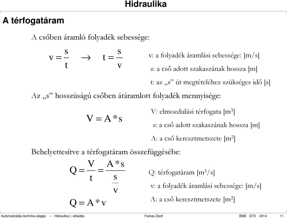 térfogatáram összefüggésébe: V: elmozdulási térfogata [m 3 ] s: a cső adott szakaszának hossza [m] A: a cső keresztmetszete [m 2 ] Q: térfogatáram [m