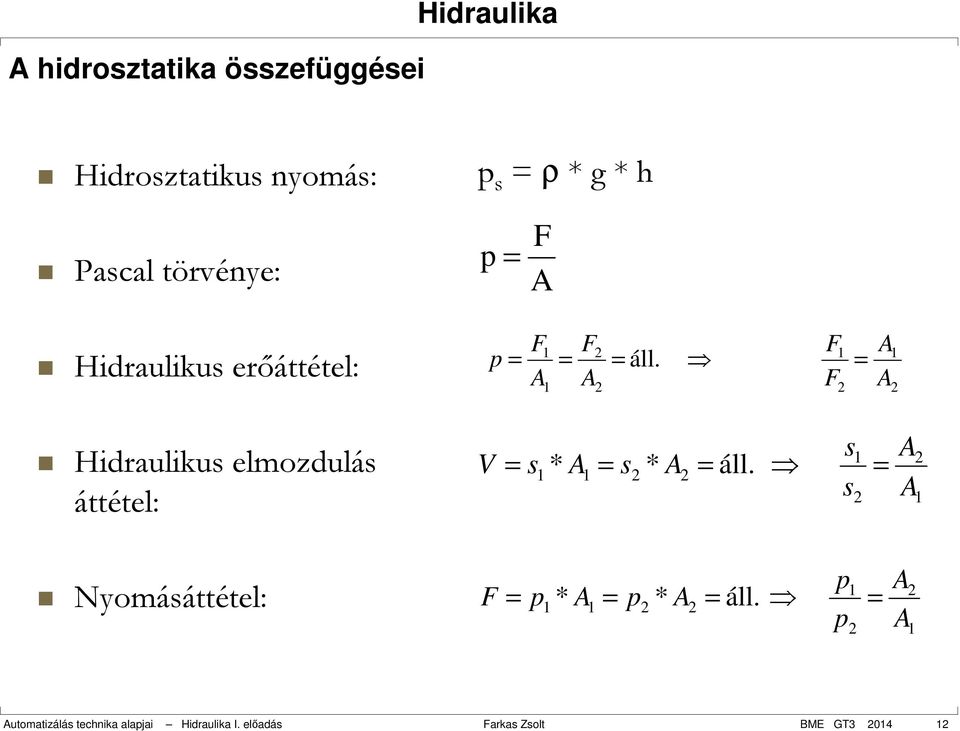 F F 2 A A 1 2 Hidraulikus elmozdulás áttétel: Nyomásáttétel: 1 V = s1 * A1 = s2 * A2 = áll.