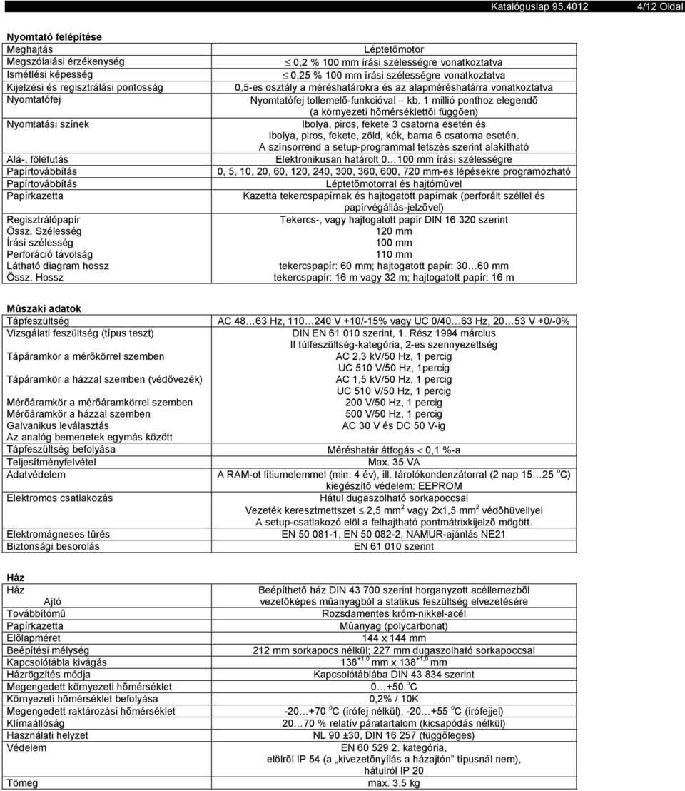 Hossz Léptetõmotor 0,2 % 100 mm írási szélességre vonatkoztatva 0,25 % 100 mm írási szélességre vonatkoztatva 0,5-es osztály a méréshatárokra és az alapméréshatárra vonatkoztatva Nyomtatófej