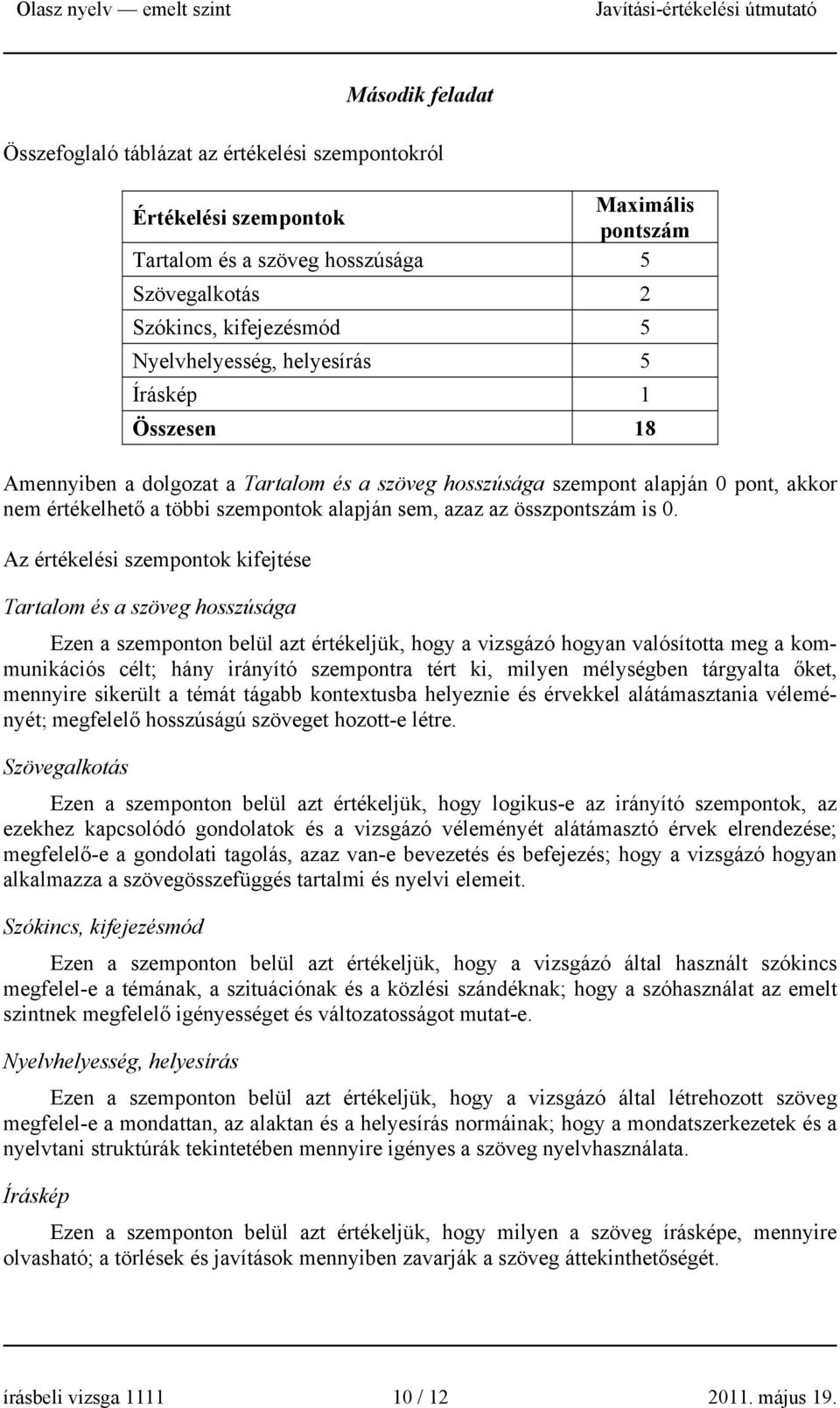 Az értékelési szempontok kifejtése Tartalom és a szöveg hosszúsága Ezen a szemponton belül azt értékeljük, hogy a vizsgázó hogyan valósította meg a kommunikációs célt; hány irányító szempontra tért