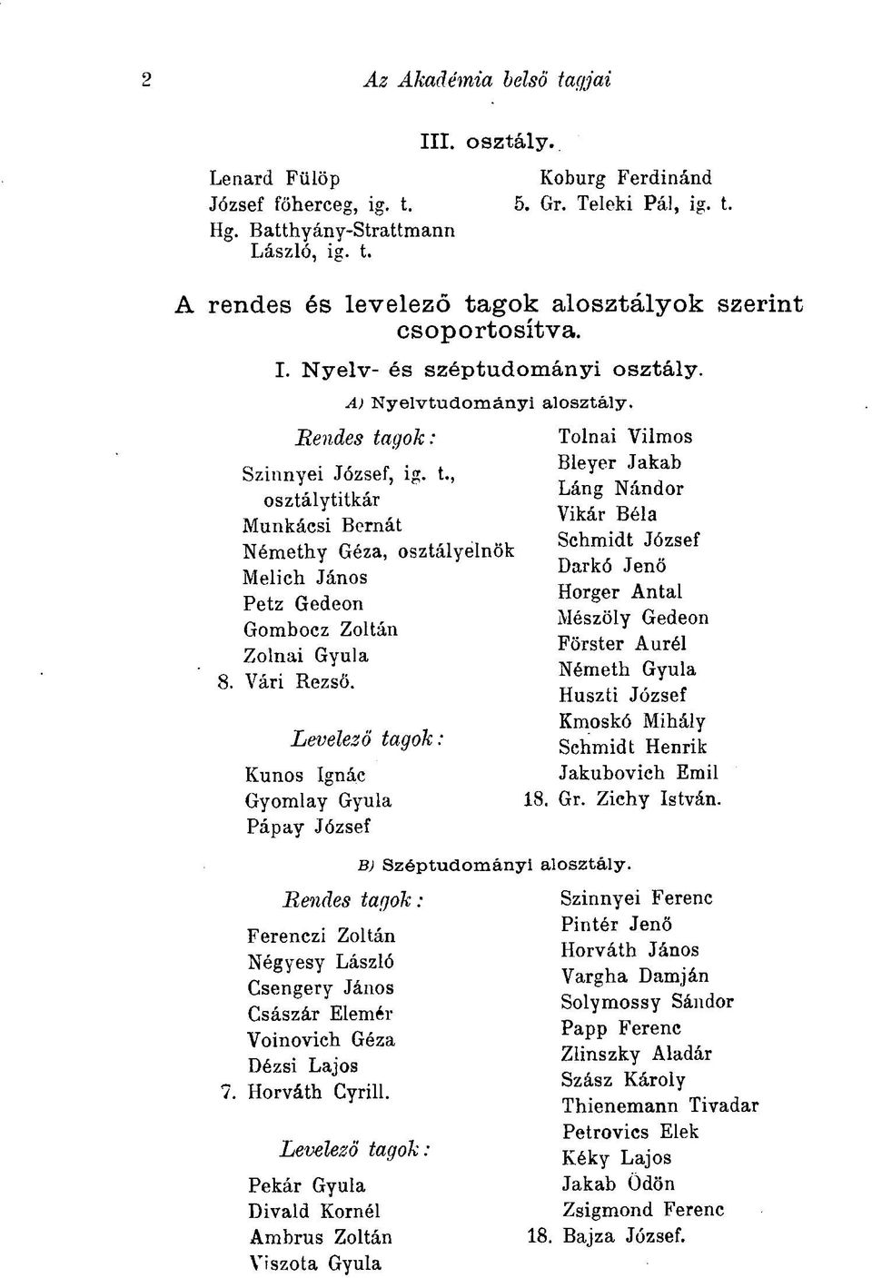 Levelező tagok: Kunos Ignác Gyomlay Gyula 18, Pápay József Rendes tagok : Ferenczi Zoltán Négyesy László Csengery János Császár Elemér Voinovich Géza Dézsi Lajos 7. Horváth Cyrill.