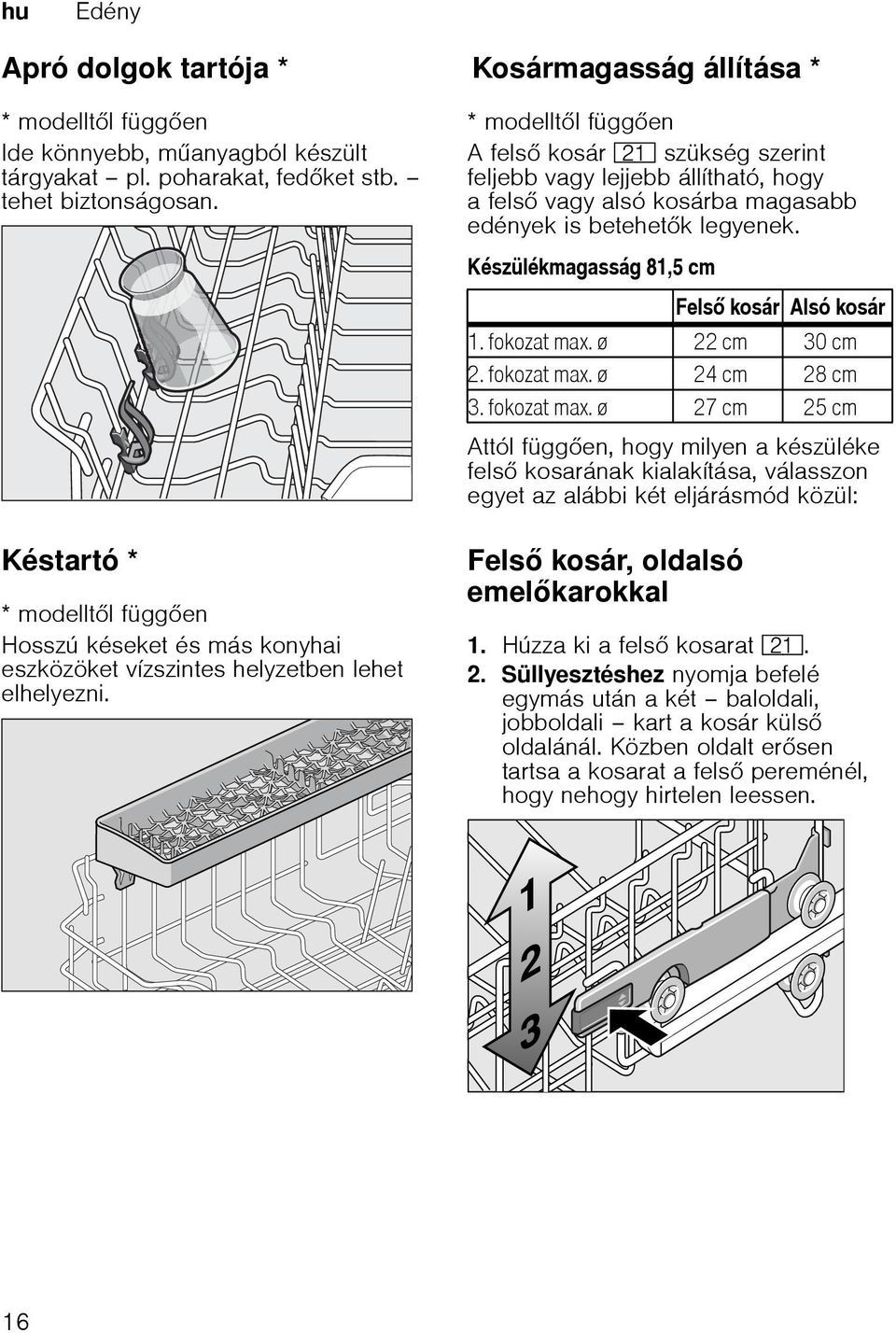 betehetk legyenek. Készülékmagasság 81,5 cm Fels kosár Alsó kosár 1. fokozat max.