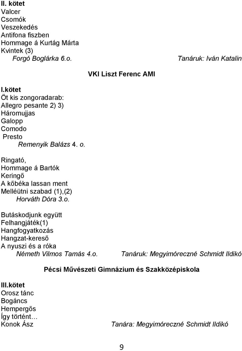 Ringató, Hommage á Bartók Keringő A kőbéka lassan ment Melléütni szabad (1),(2) Horváth Dóra 3.o. Butáskodjunk együtt Felhangjáték(1) Hangfogyatkozás Hangzat-kereső A nyuszi és a róka Németh Vilmos Tamás 4.