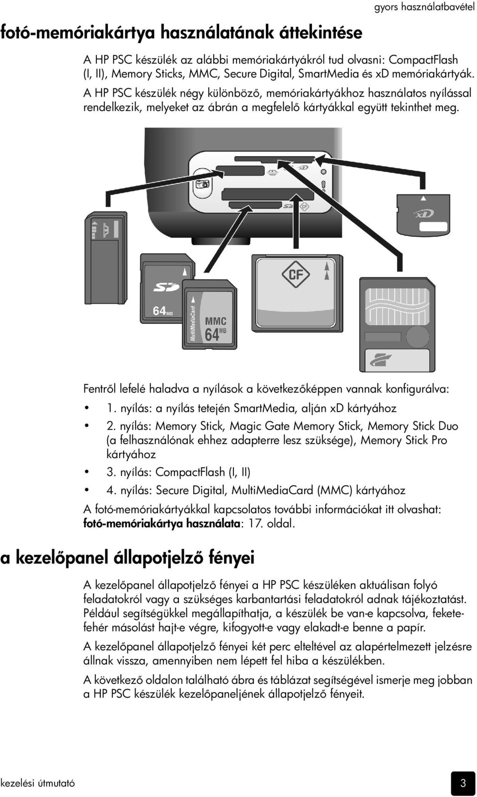 Fentr l lefelé haladva a nyílások a következ képpen vannak konfigurálva: 1. nyílás: a nyílás tetején SmartMedia, alján xd kártyához 2.