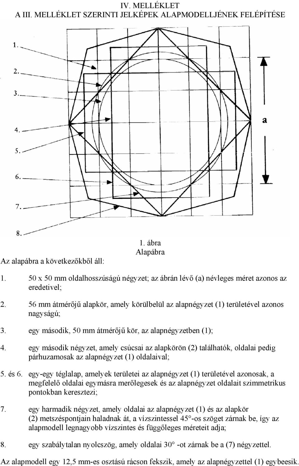 egy második, 50 mm átmérıjő kör, az alapnégyzetben (1); 4. egy második négyzet, amely csúcsai az alapkörön (2) találhatók, oldalai pedig párhuzamosak az alapnégyzet (1) oldalaival; 5. és 6.
