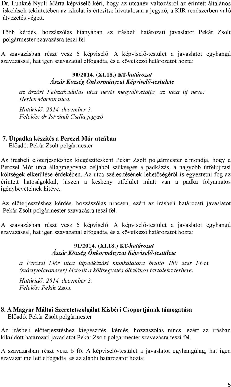 A képviselő-testület a javaslatot egyhangú szavazással, hat igen szavazattal elfogadta, és a következő határozatot hozta: 90/2014. (XI.18.