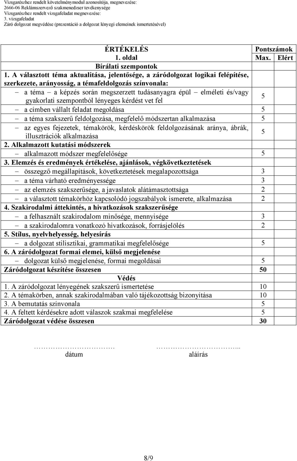 és/vagy gyakorlati szempontból lényeges kérdést vet fel 5 a címben vállalt feladat megoldása 5 a téma szakszerő feldolgozása, megfelelı módszertan alkalmazása 5 az egyes fejezetek, témakörök,