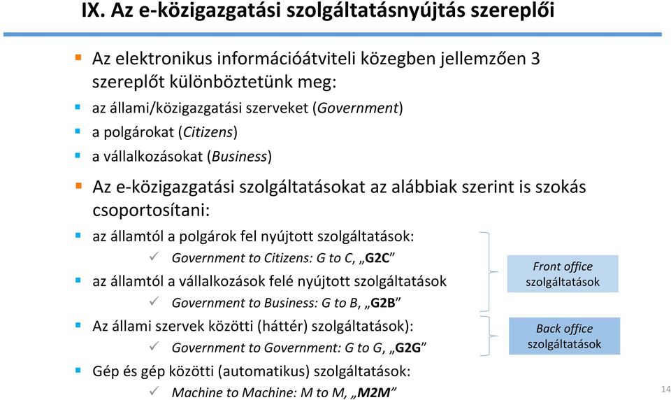 nyújtott szolgáltatások: Government to Citizens: G to C, G2C az államtól a vállalkozások felé nyújtott szolgáltatások Government to Business: G to B, G2B Az állami szervek közötti