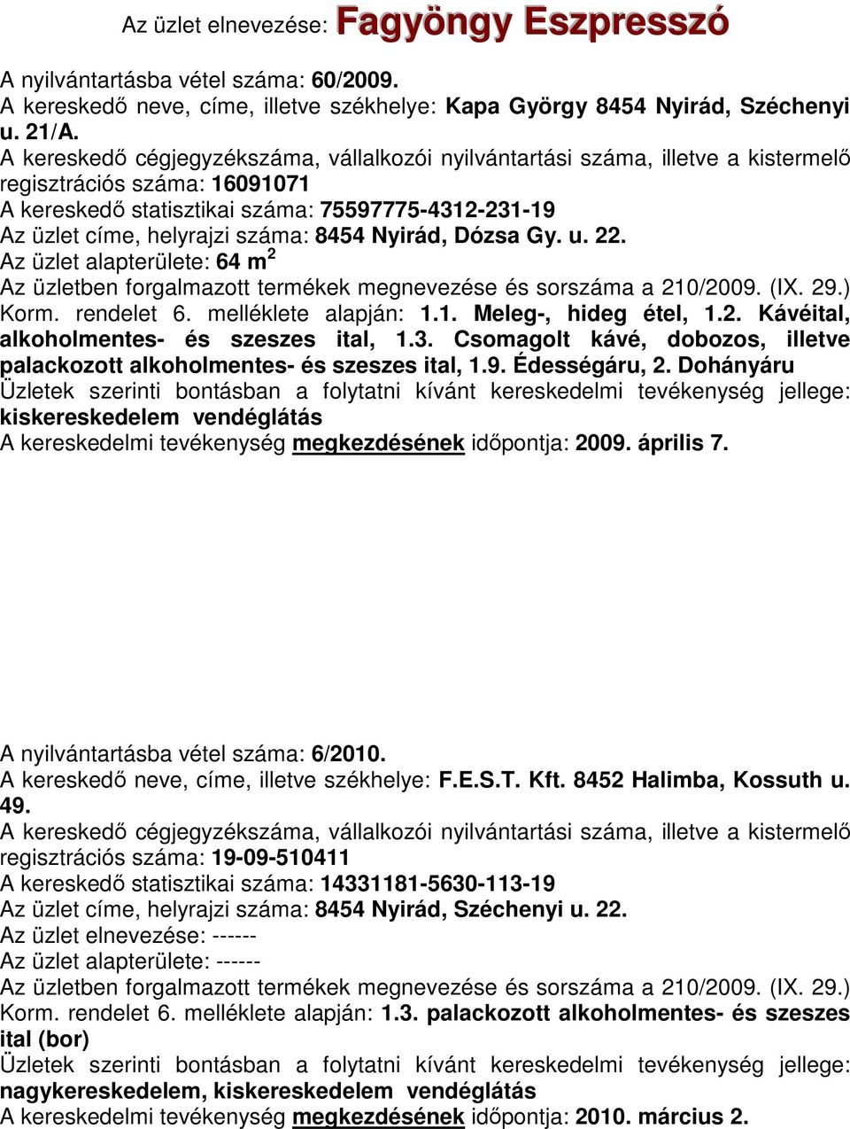 melléklete alapján: 1.1. Meleg-, hideg étel, 1.2. Kávéital, alkoholmentes- és szeszes ital, 1.3. Csomagolt kávé, dobozos, illetve palackozott alkoholmentes- és szeszes ital, 1.9. Édességáru, 2.