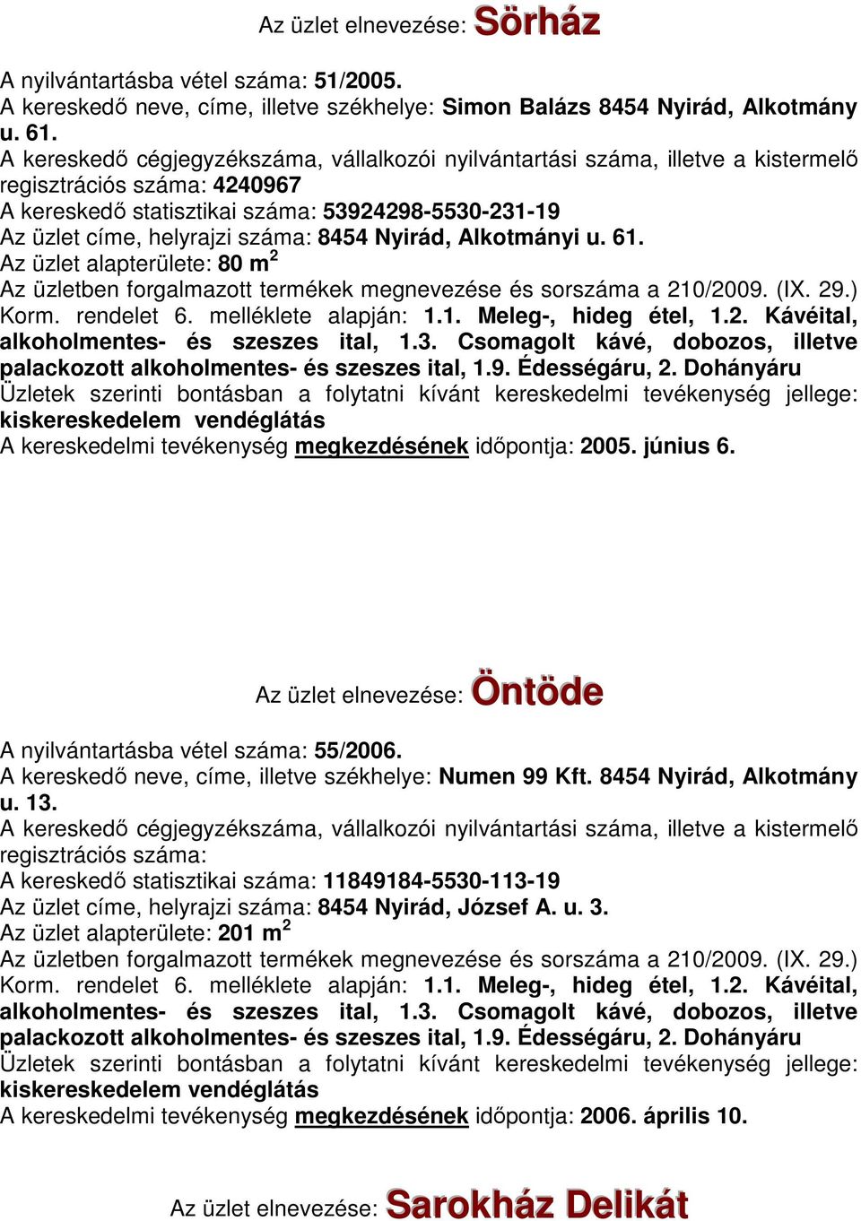 melléklete alapján: 1.1. Meleg-, hideg étel, 1.2. Kávéital, alkoholmentes- és szeszes ital, 1.3. Csomagolt kávé, dobozos, illetve palackozott alkoholmentes- és szeszes ital, 1.9. Édességáru, 2.