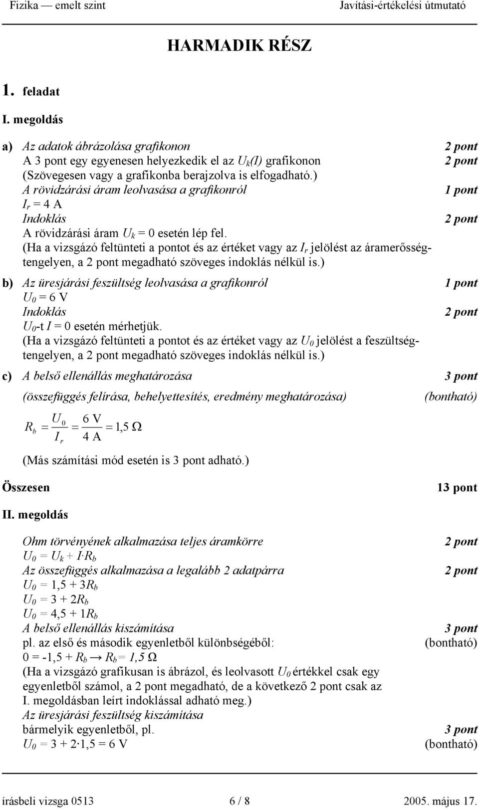 (Ha a vizsgázó feltünteti a pontot és az értéket vagy az I r jelölést az áramerősségtengelyen, a megadható szöveges indoklás nélkül is.