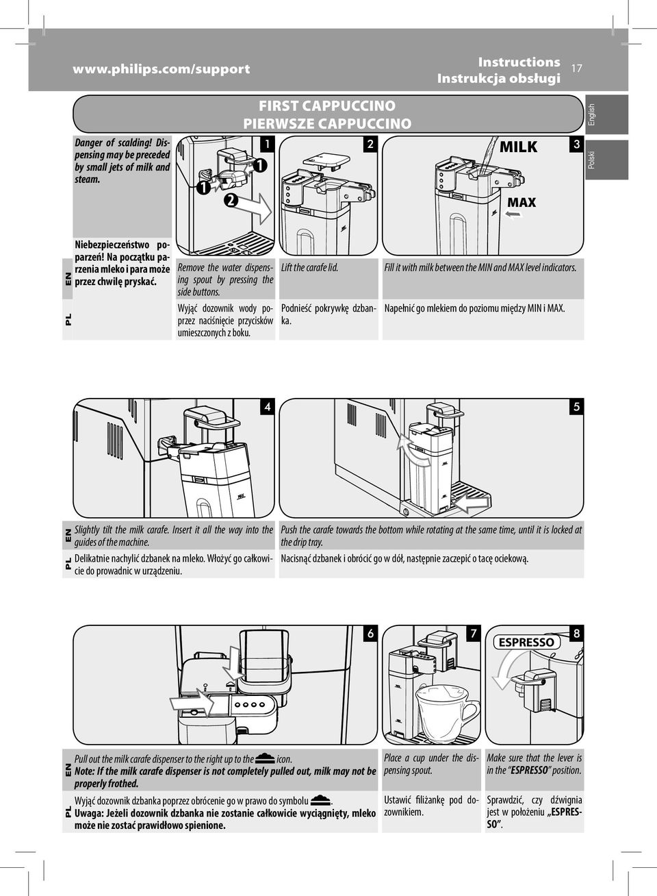 Remove the water dispensing spout by pressing the side buttons. Wyjąć dozownik wody poprzez naciśnięcie przycisków umieszczonych z boku. Lift the carafe lid. Podnieść pokrywkę dzbanka.