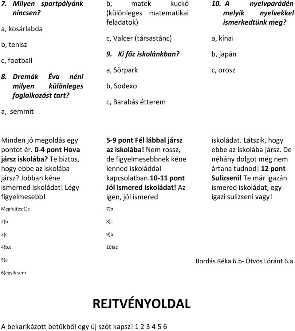 a, kínai b, japán c, orosz Minden jó megoldás egy pontot ér. 0-4 pont Hova jársz iskolába? Te biztos, hogy ebbe az iskolába jársz? Jobban kéne ismerned iskoládat! Légy figyelmesebb!