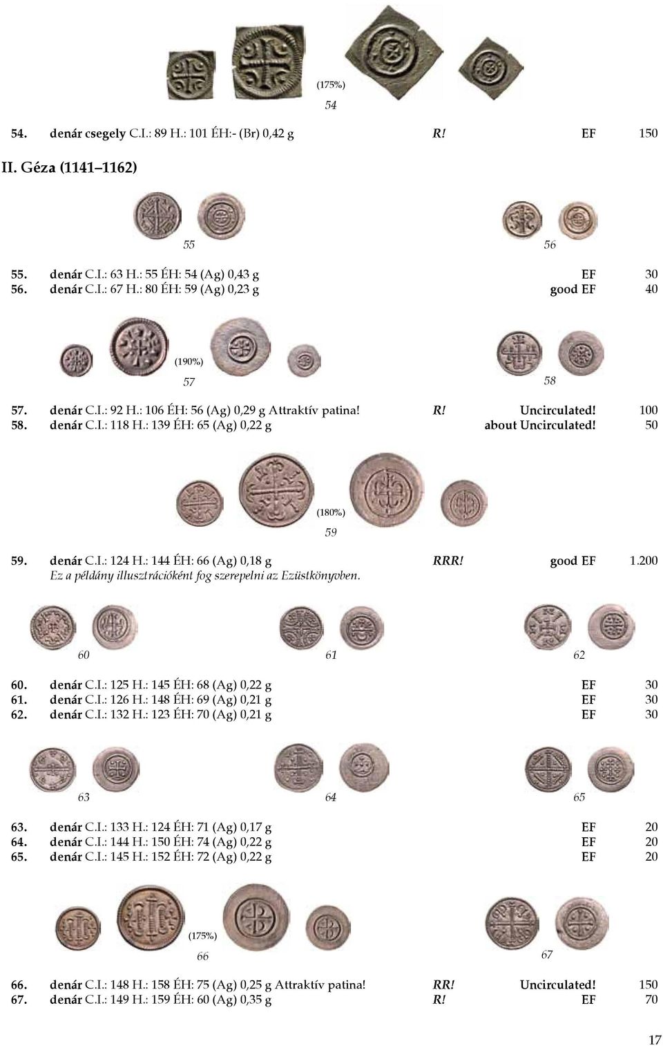 50 (180%) 59 59. denár C.I.: 124 H.: 144 ÉH: 66 (Ag) 0,18 g RRR! good EF 1.200 Ez a példány illusztrációként fog szerepelni az Ezüstkönyvben. 60 61 62 60. denár C.I.: 125 H.