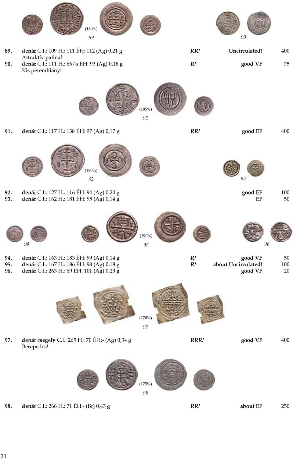 : 181 ÉH: 95 (Ag) 0,14 g EF 50 94 (190%) 95 96 94. denár C.I.: 163 H.: 183 ÉH: 99 (Ag) 0,14 g R! good VF 50 95. denár C.I.: 167 H.: 186 ÉH: 98 (Ag) 0,18 g R! about Uncirculated! 100 96.