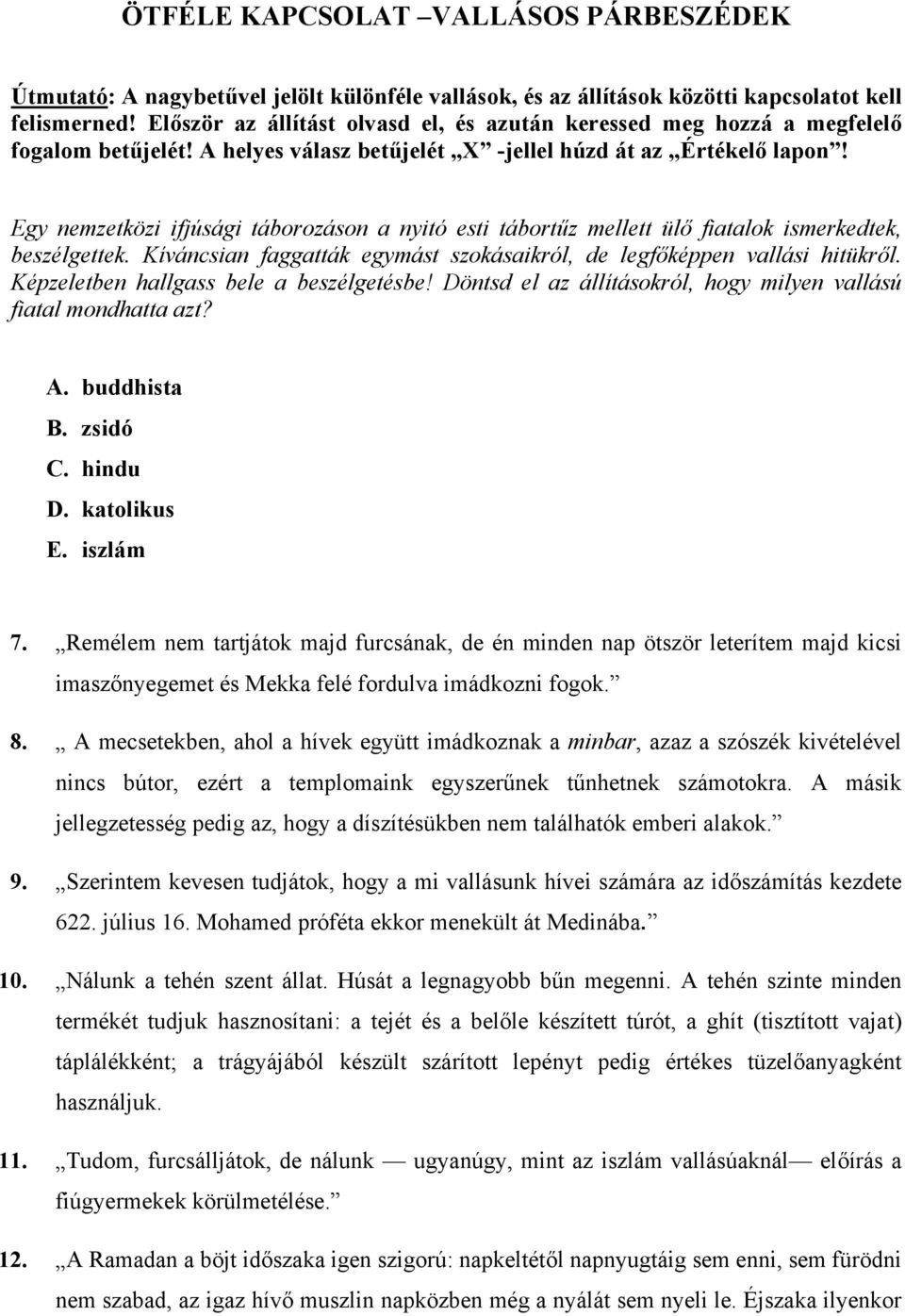 Egy nemzetközi ifjúsági táborozáson a nyitó esti tábortűz mellett ülő fiatalok ismerkedtek, beszélgettek. Kíváncsian faggatták egymást szokásaikról, de legfőképpen vallási hitükről.