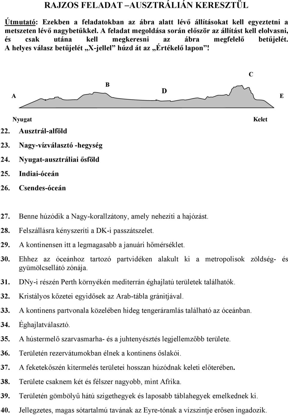 C A B D E Nyugat Kelet 22. Ausztrál-alföld 23. Nagy-vízválasztó -hegység 24. Nyugat-ausztráliai ősföld 25. Indiai-óceán 26. Csendes-óceán 27.