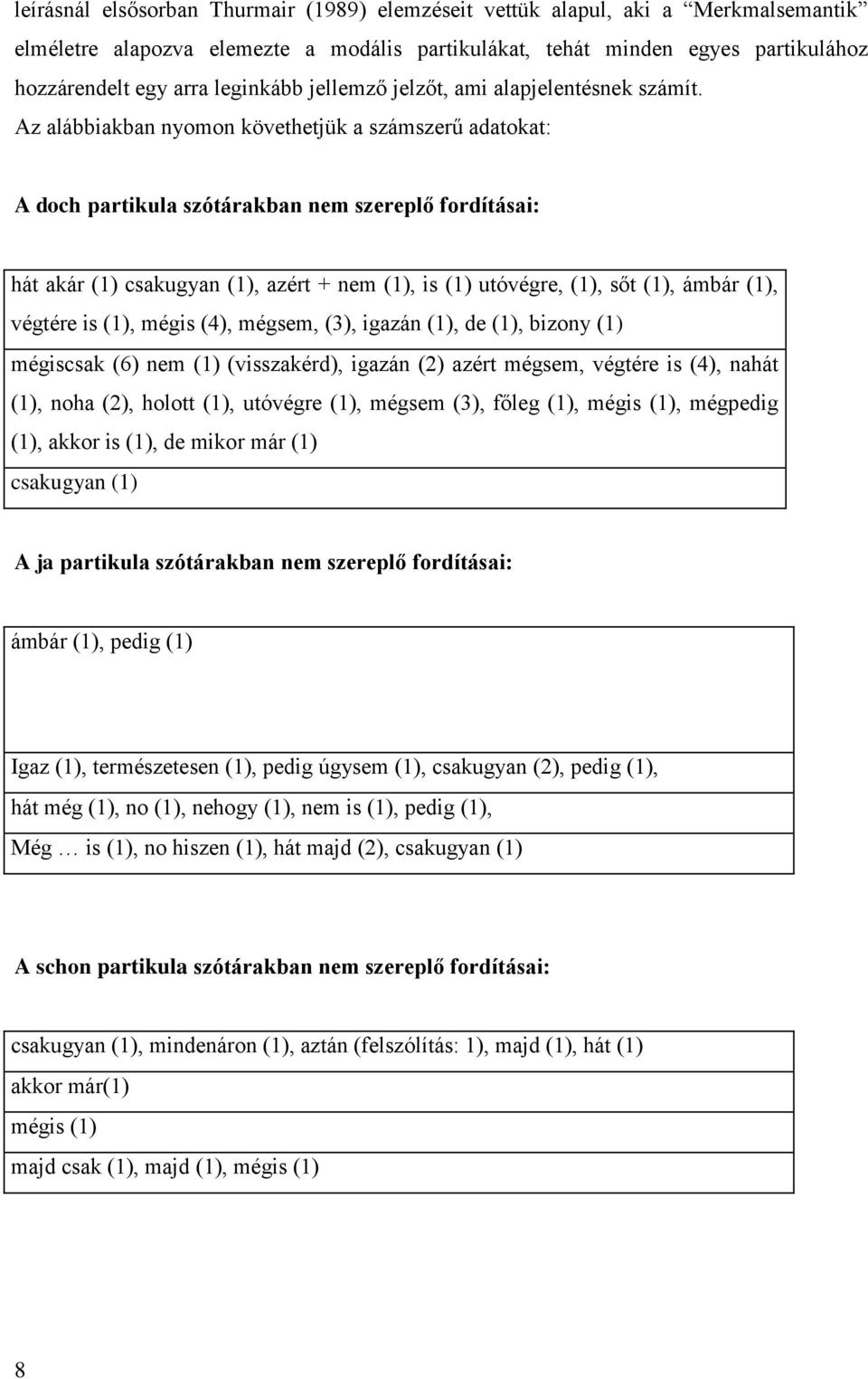 Az alábbiakban nyomon követhetjük a számszerű adatokat: A doch partikula szótárakban nem szereplő fordításai: hát akár (1) csakugyan (1), azért + nem (1), is (1) utóvégre, (1), sőt (1), ámbár (1),