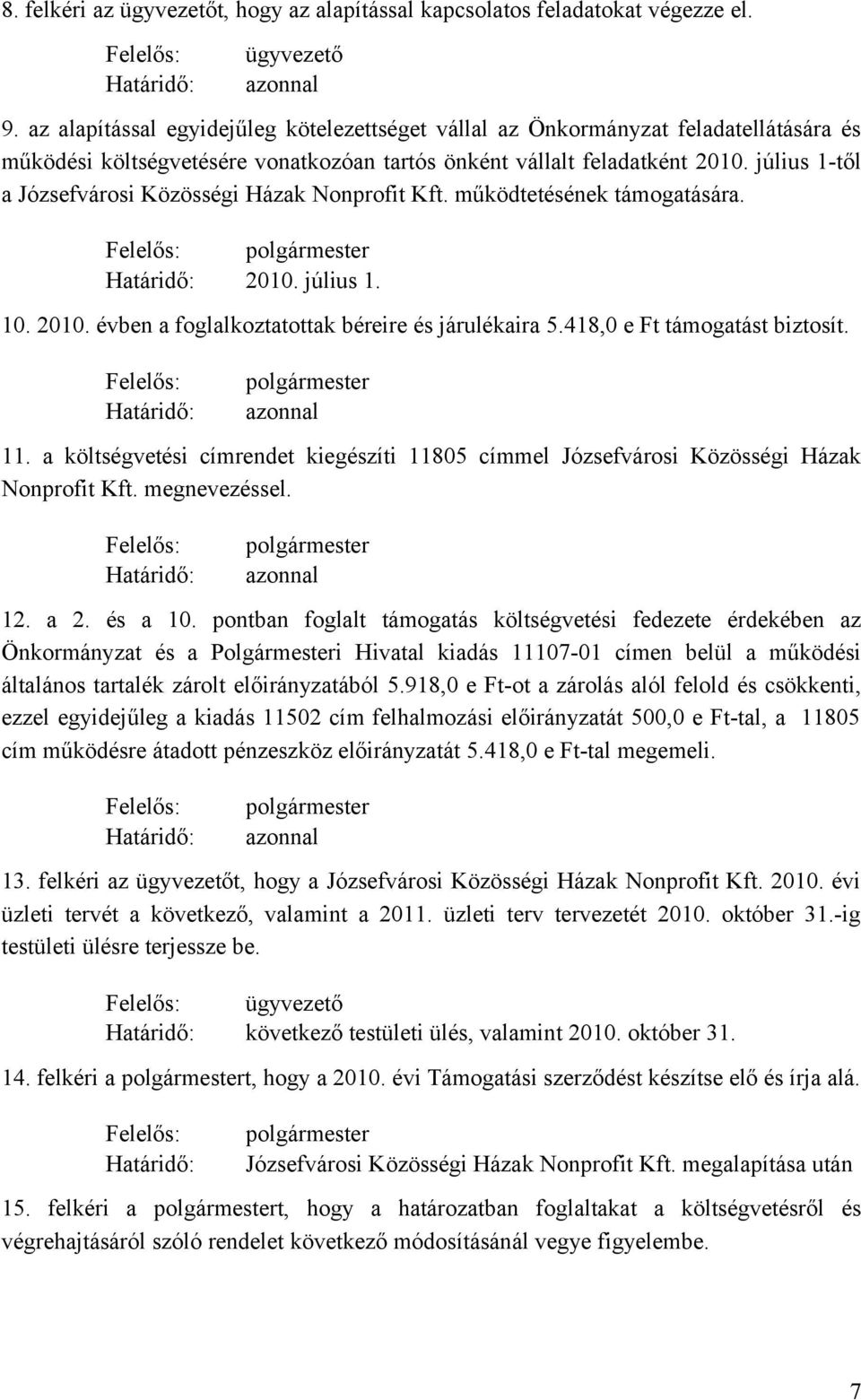 július 1-től a Józsefvárosi Közösségi Házak Nonprofit Kft. működtetésének támogatására. polgármester 2010. július 1. 10. 2010. évben a foglalkoztatottak béreire és járulékaira 5.