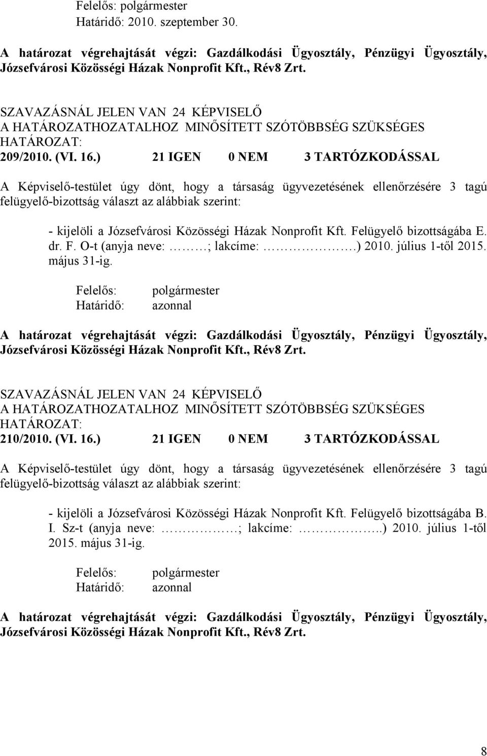 ) 21 IGEN 0 NEM 3 TARTÓZKODÁSSAL A Képviselő-testület úgy dönt, hogy a társaság ügyvezetésének ellenőrzésére 3 tagú felügyelő-bizottság választ az alábbiak szerint: - kijelöli a Józsefvárosi