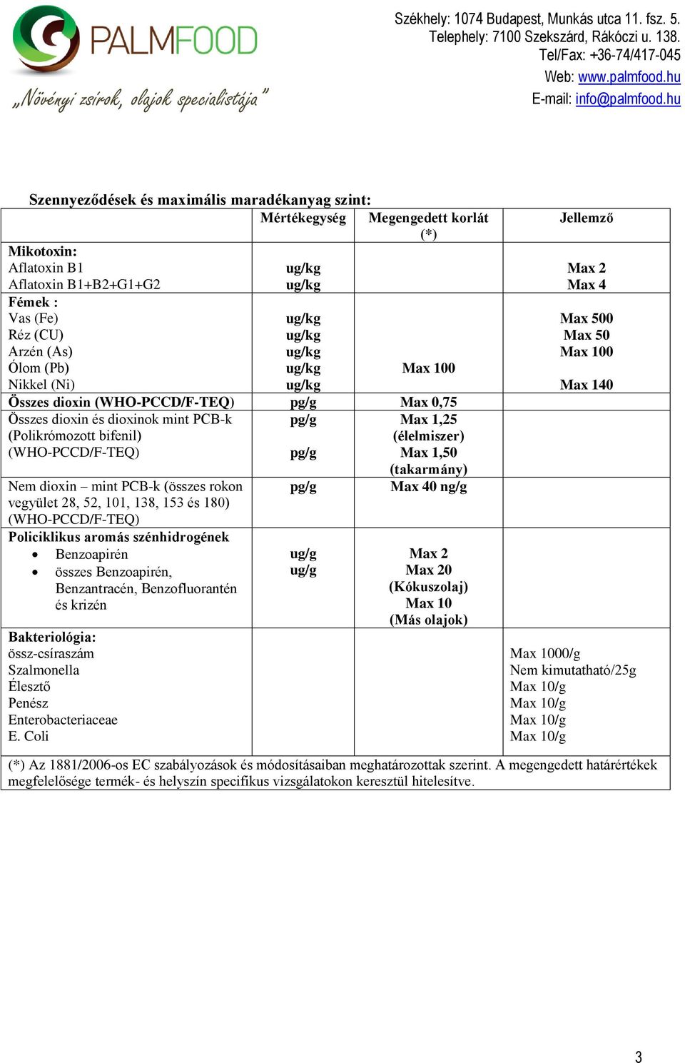 52, 101, 138, 153 és 180) (WHO-PCCD/F-TEQ) Policiklikus aromás szénhidrogének Benzoapirén összes Benzoapirén, Benzantracén, Benzofluorantén és krizén Bakteriológia: össz-csíraszám Szalmonella Élesztő