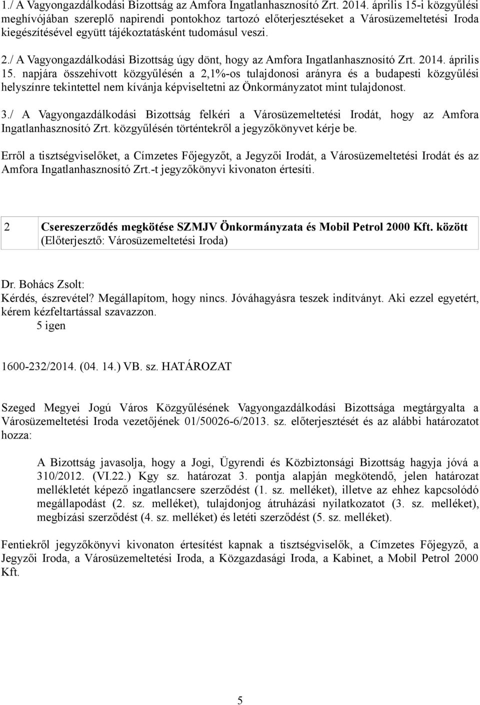 / A Vagyongazdálkodási Bizottság úgy dönt, hogy az Amfora Ingatlanhasznosító Zrt. 2014. április 15.