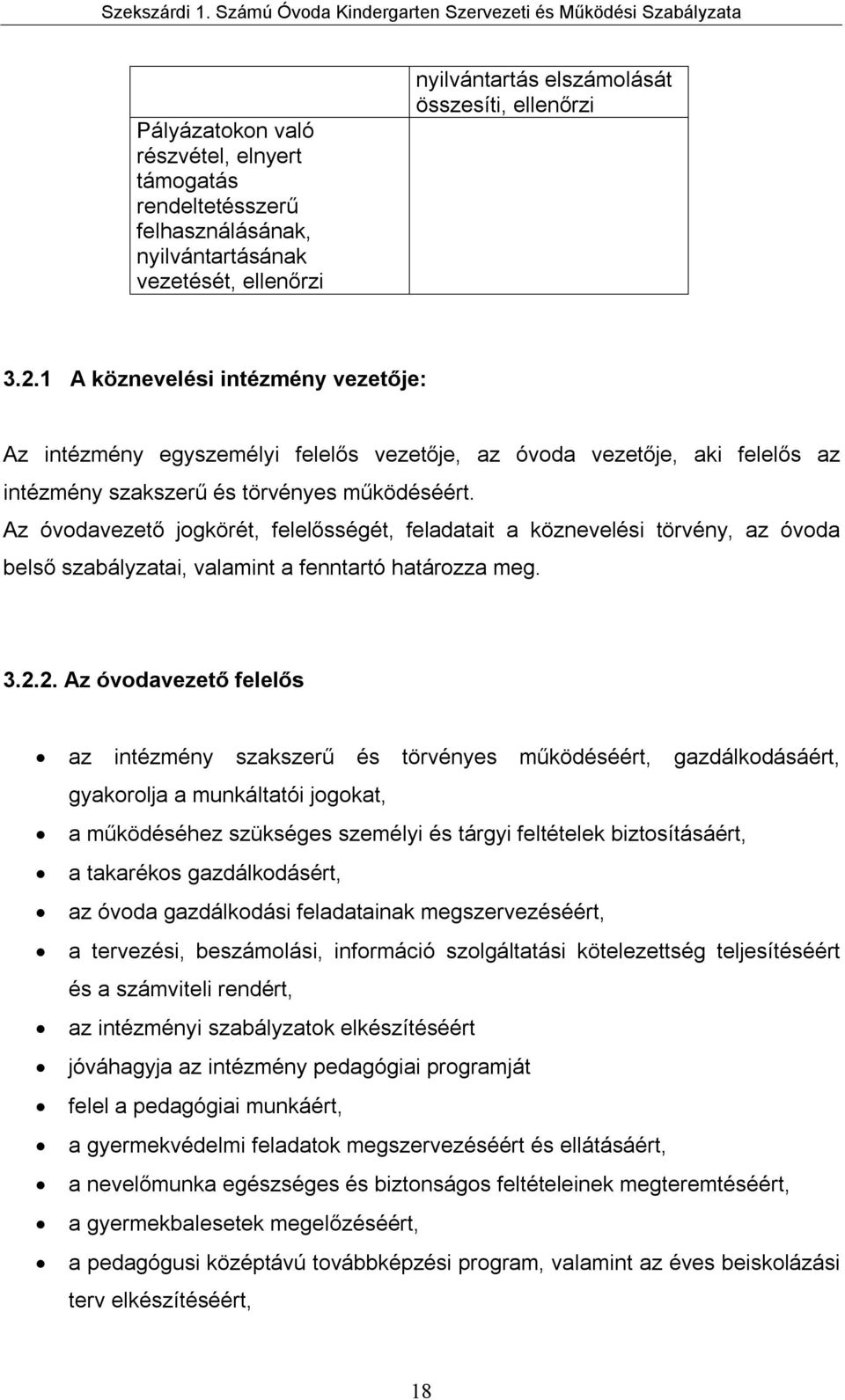 Az óvodavezető jogkörét, felelősségét, feladatait a köznevelési törvény, az óvoda belső szabályzatai, valamint a fenntartó határozza meg. 3.2.