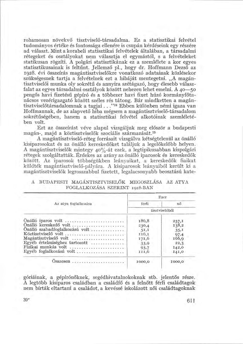 A polgári statisztikának ez a szemlélete a kor egyes statisztikusainak is feltűnt. Jellemző pl., hogy dr. Hoffmann Dezső az 1928.