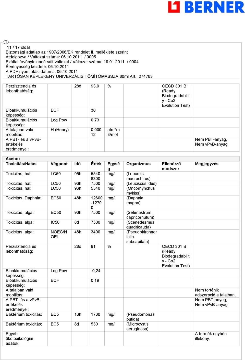 5540- mg/l Organizmus (Lepomis macrochirus) 8300 Toxicitás, hal: LC50 96h 7500 mg/l (Leuciscus idus) Toxicitás, hal: LC50 96h 5540 mg/l (Oncorhynchus mykiss) Toxicitás, Daphnia: EC50 48h 12600-1270 0