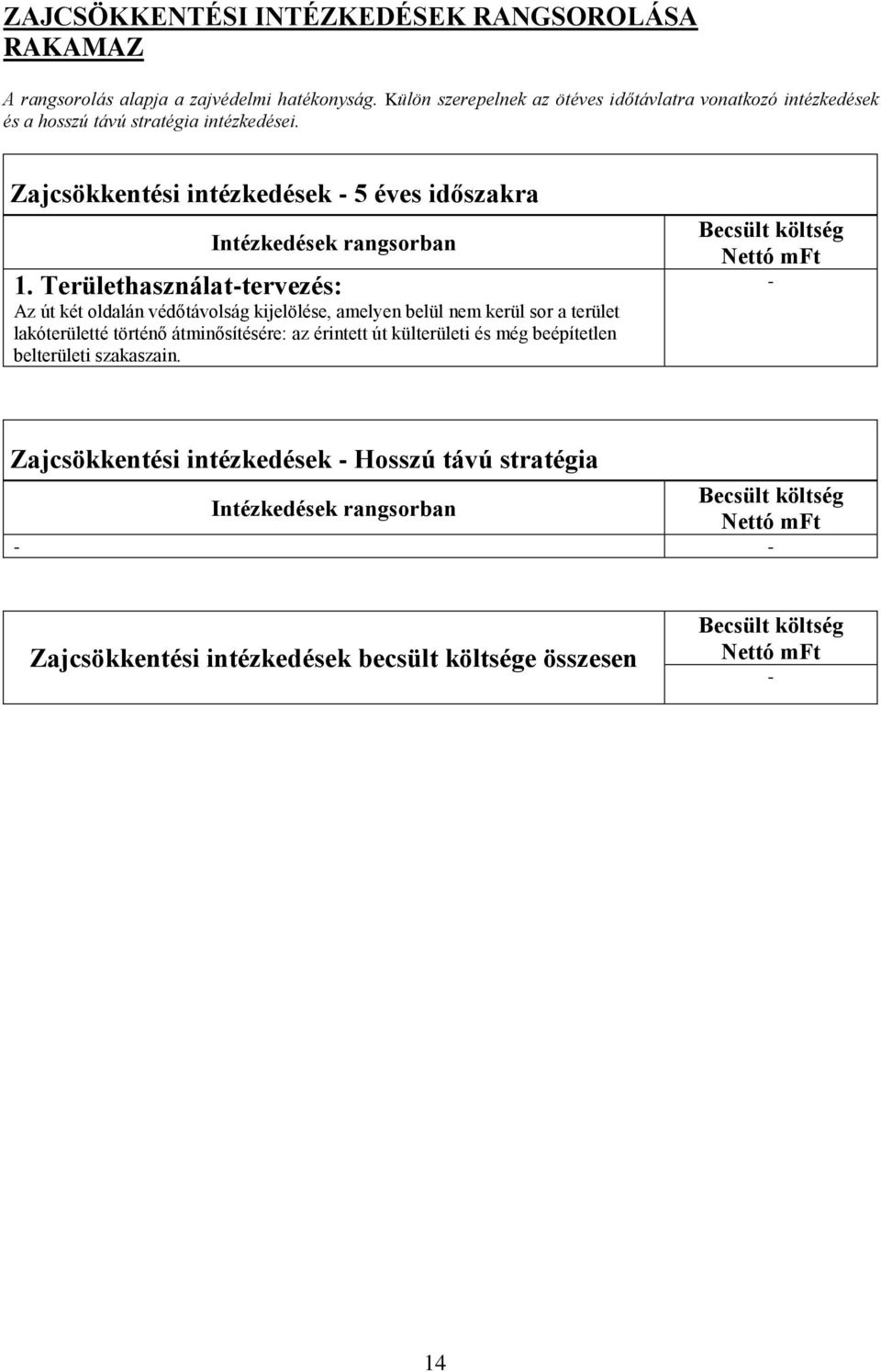 Területhasználat-tervezés: Az út két oldalán védőtávolság kijelölése, amelyen belül nem kerül sor a terület lakóterületté történő átminősítésére: az érintett út külterületi és