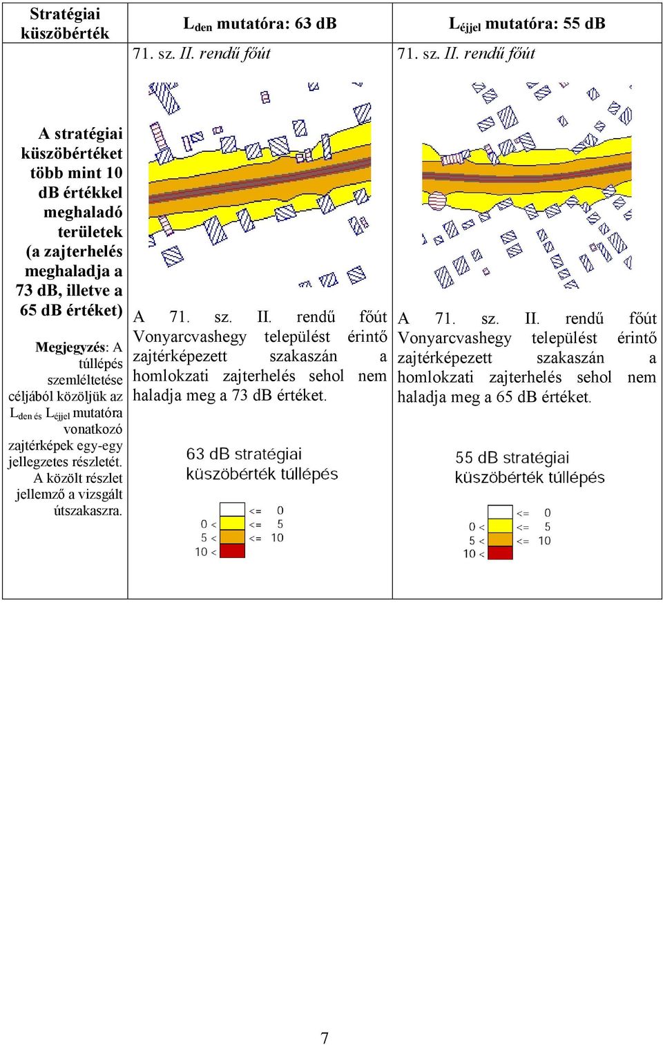 rendű főút A stratégiai küszöbértéket több mint 10 db értékkel meghaladó területek (a zajterhelés meghaladja a 73 db, illetve a 65 db értéket) Megjegyzés: A túllépés szemléltetése
