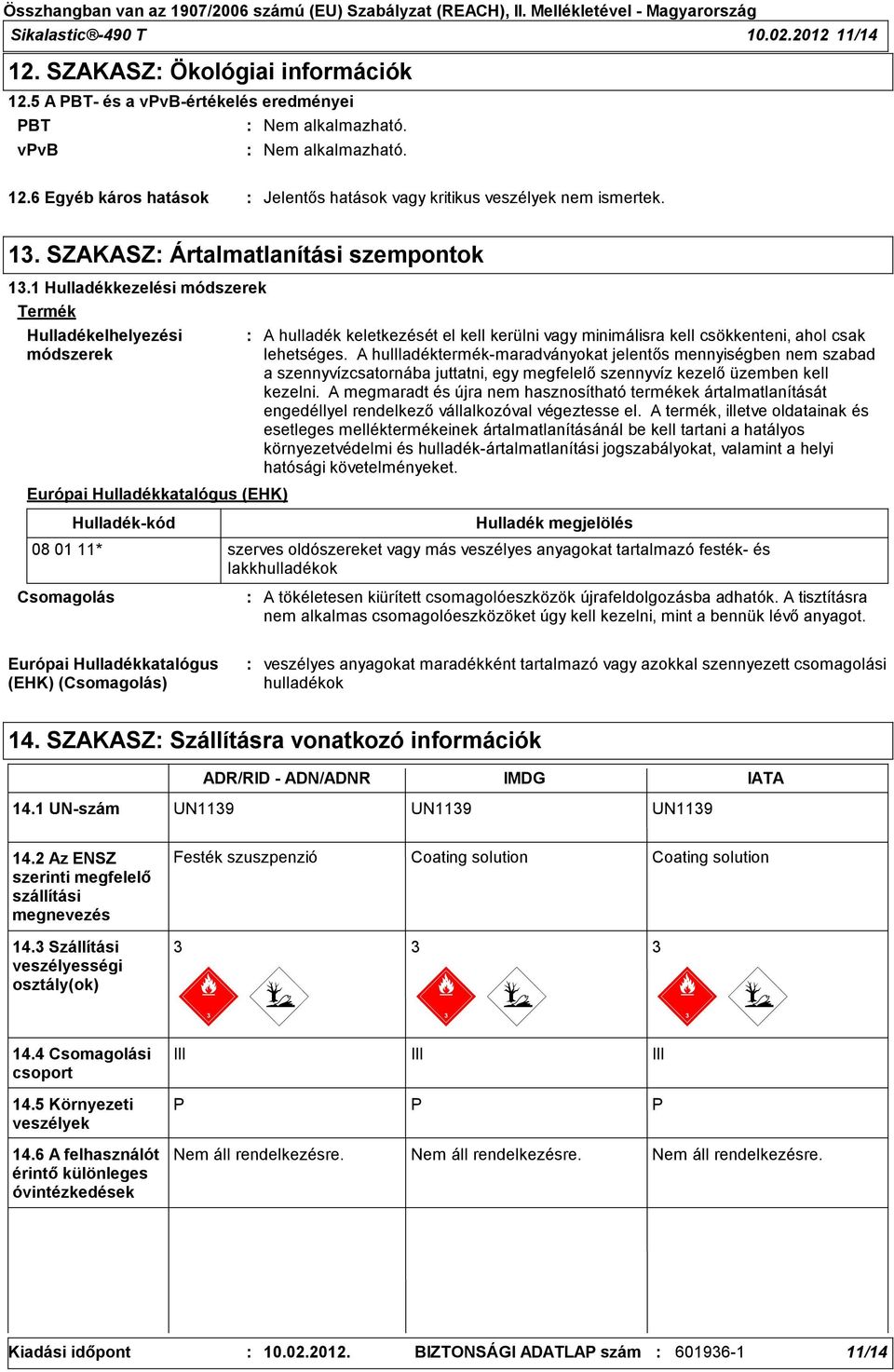 1 Hulladékkezelési módszerek Termék Hulladékelhelyezési módszerek Európai Hulladékkatalógus (EHK) Hulladék-kód A hulladék keletkezését el kell kerülni vagy minimálisra kell csökkenteni, ahol csak