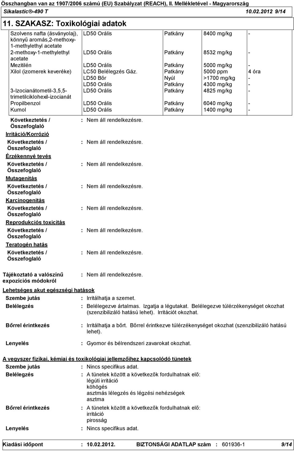 acetate Mezitilén LD50 Orális Patkány 5000 mg/kg - Xilol (izomerek keveréke) LC50 Belélegzés Gáz.