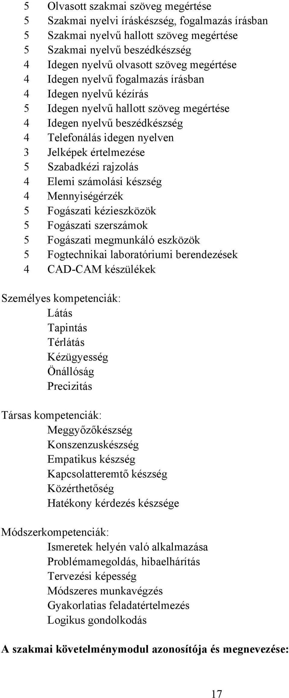 rajzolás 4 Elemi számolási készség 4 Mennyiségérzék 5 Fogászati kézieszközök 5 Fogászati szerszámok 5 Fogászati megmunkáló eszközök 5 Fogtechnikai laboratóriumi berendezések 4 CAD-CAM készülékek