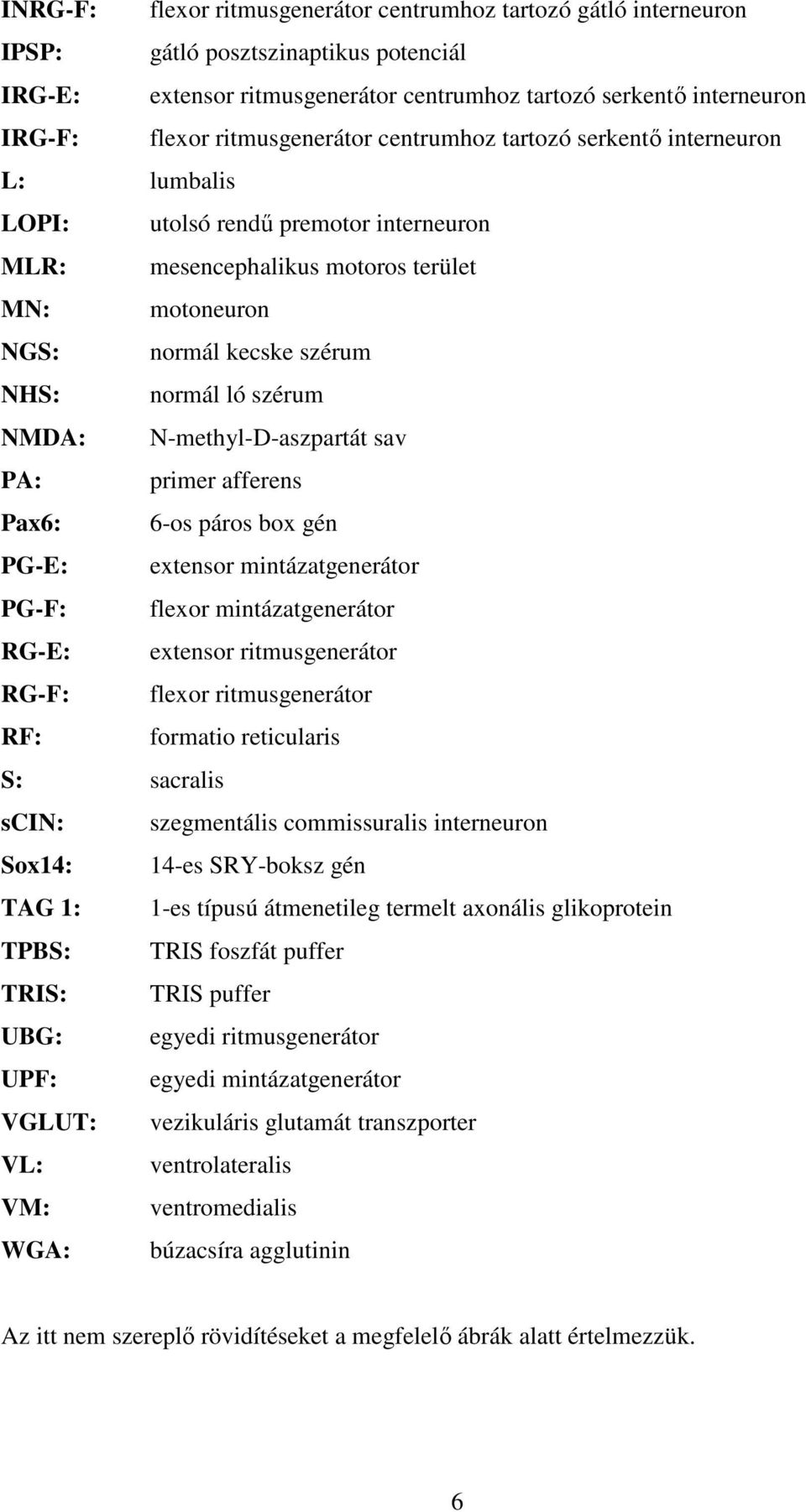 ló szérum NMDA: N-methyl-D-aszpartát sav PA: primer afferens Pax6: 6-os páros box gén PG-E: extensor mintázatgenerátor PG-F: flexor mintázatgenerátor RG-E: extensor ritmusgenerátor RG-F: flexor