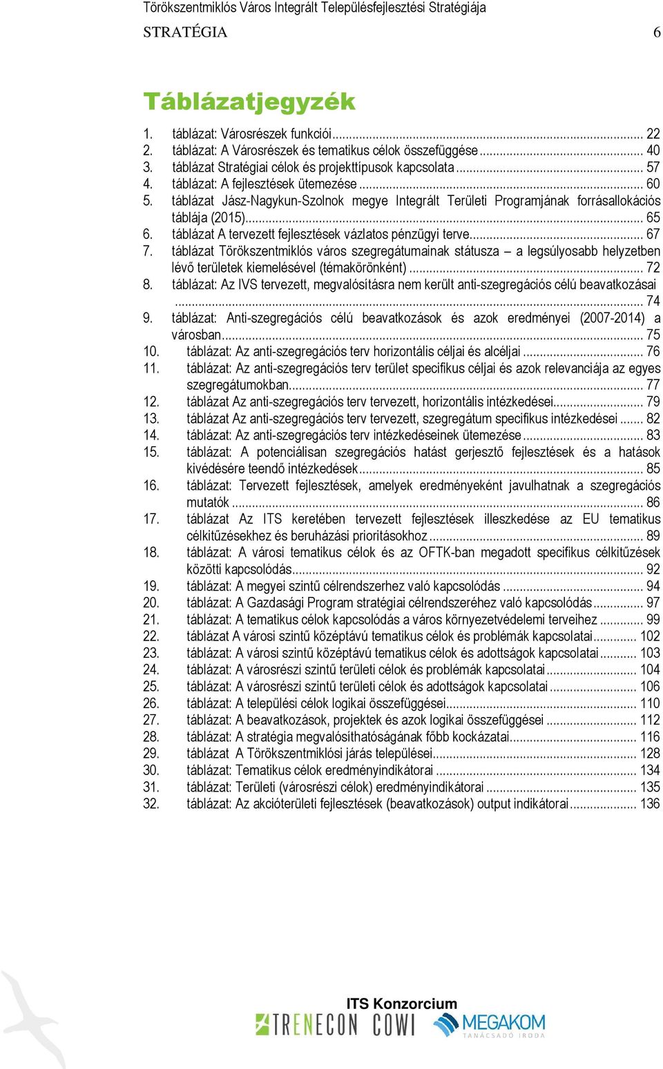 táblázat A tervezett fejlesztések vázlatos pénzügyi terve... 67 7. táblázat Törökszentmiklós város szegregátumainak státusza a legsúlyosabb helyzetben lévő területek kiemelésével (témakörönként).