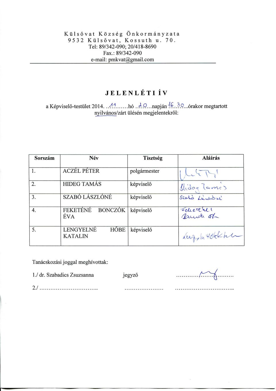 ..6rakor megtartott nyilvanos/zart iilesen megjelentekrol: Sorszam Nev Tisztseg Alairas 2. HIDEG TAMAS kepviselo i_^^->v *. 4[^cloq; V^^^tc^ 1.