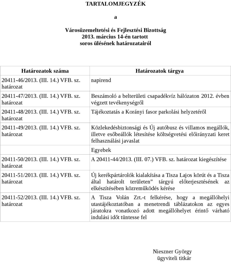 (III. 14.) VFB. sz. határozat napirend Határozatok tárgya Beszámoló a belterületi csapadékvíz hálózaton 2012.