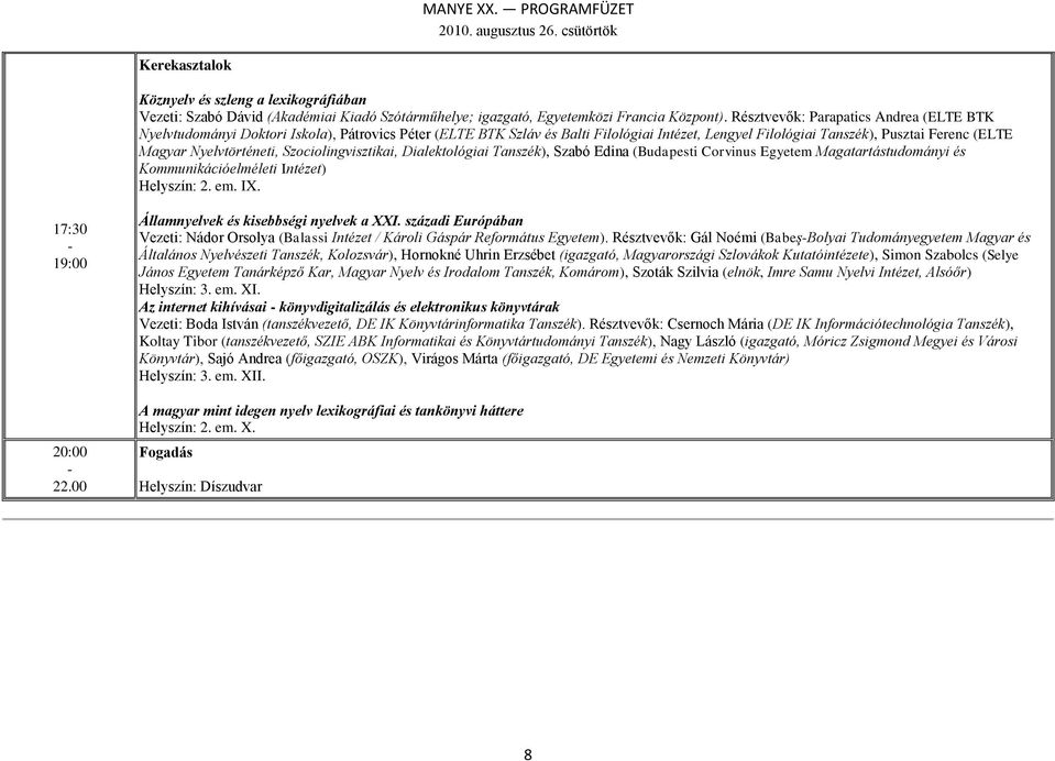 Nyelvtörténeti, Szociolingvisztikai, Dialektológiai Tanszék), Szabó Edina (Budapesti Corvinus Egyetem Magatartástudományi és Kommunikációelméleti Intézet) Helyszín: 2. em. IX. 17:30 19:00 20:00 22.