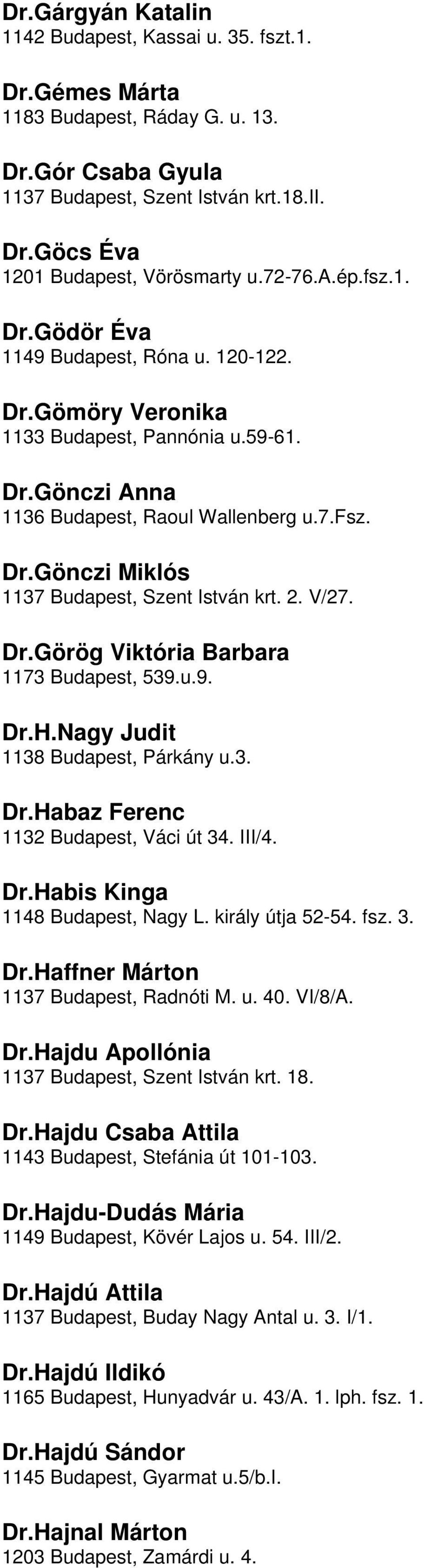 DrGörög Viktória Barbara 1173 Budapest, 539u9 DrHNagy Judit 1138 Budapest, Párkány u3 DrHabaz Ferenc 1132 Budapest, Váci út 34 III/4 DrHabis Kinga 1148 Budapest, Nagy L király útja 52-54 fsz 3