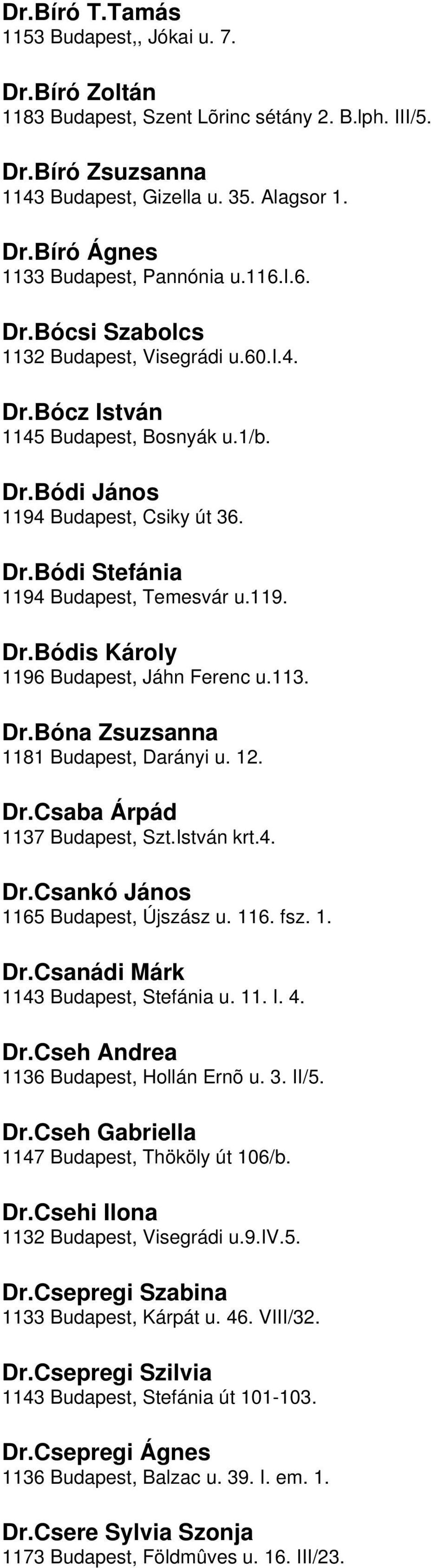 1196 Budapest, Jáhn Ferenc u113 DrBóna Zsuzsanna 1181 Budapest, Darányi u 12 DrCsaba Árpád 1137 Budapest, SztIstván krt4 DrCsankó János 1165 Budapest, Újszász u 116 fsz 1 DrCsanádi Márk 1143