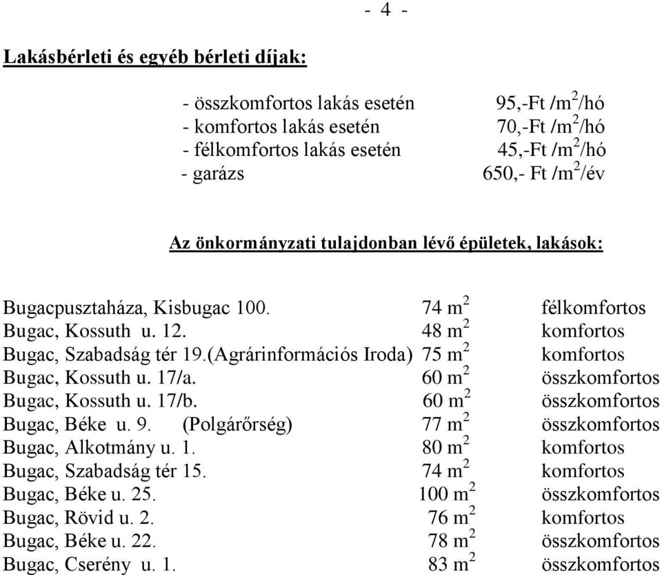 (Agrárinformációs Iroda) 75 m 2 komfortos Bugac, Kossuth u. 17/a. 60 m 2 összkomfortos Bugac, Kossuth u. 17/b. 60 m 2 összkomfortos Bugac, Béke u. 9.